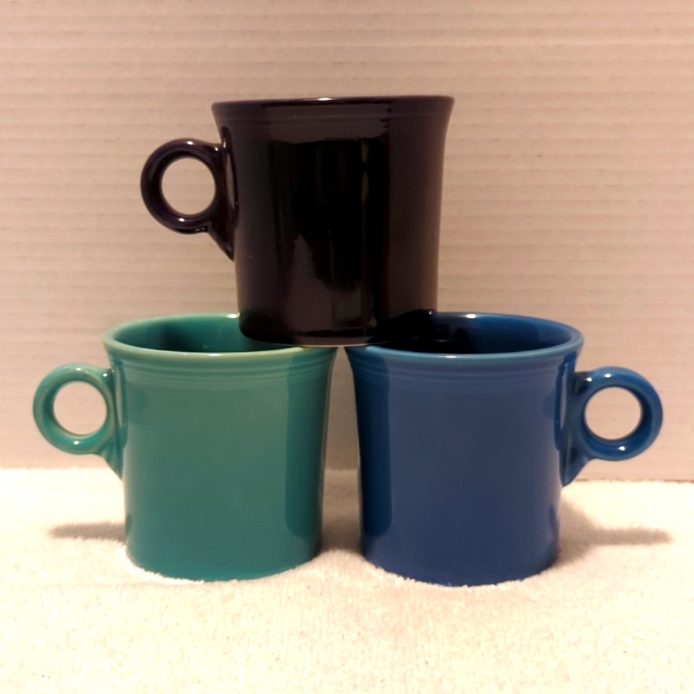 3 Fiesta Ring Handle Mugs.  Purple, Blue, & Teal Green.